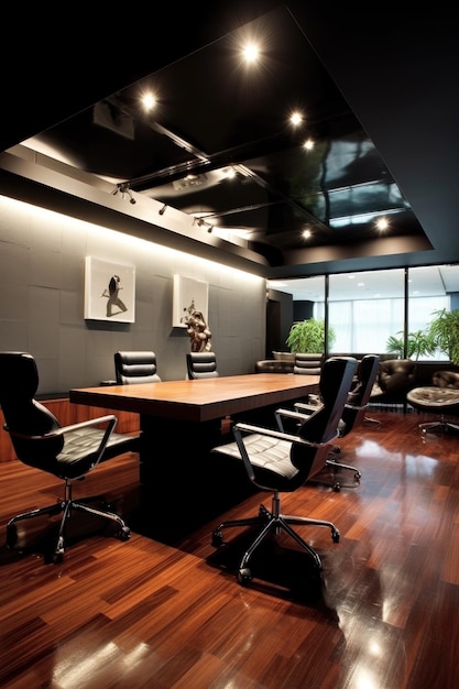 Interni di ufficio moderni con scrivanie e sedie eleganti creati con intelligenza artificiale generativa