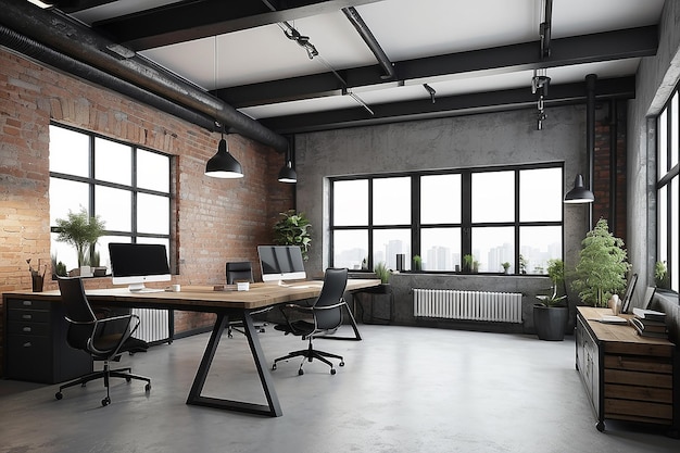 Interni di ufficio moderni in stile industriale loft rendering 3d