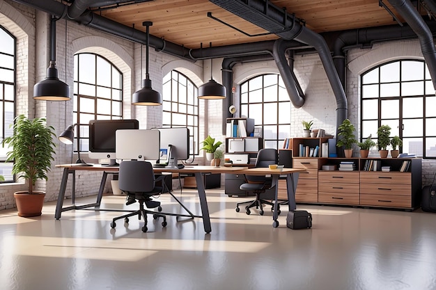 Interni di ufficio moderni in stile industriale loft rendering 3d