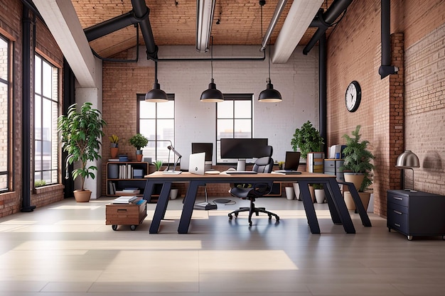 Interni di ufficio moderni in stile industriale loft rendering 3d