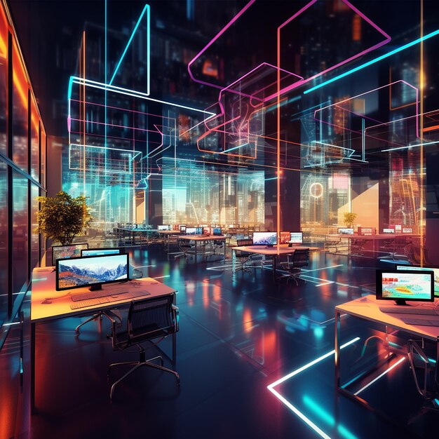 Interni di ufficio open space per il cyberpunk