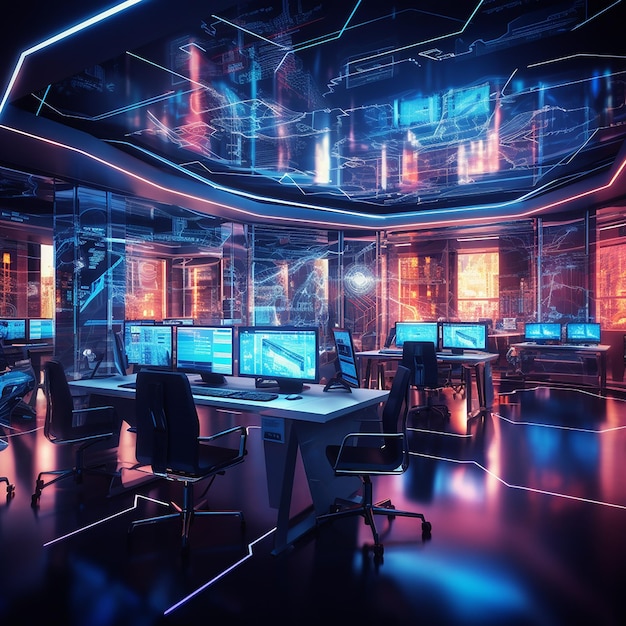 Interni di ufficio open space per il cyberpunk