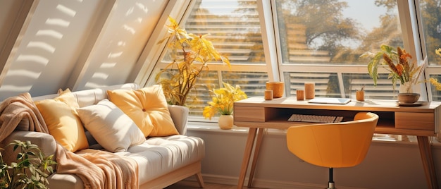 Interni di un appartamento studio color beige pieno di luce, tra cui uno spazio di lavoro e una donna che si rilassa a casa