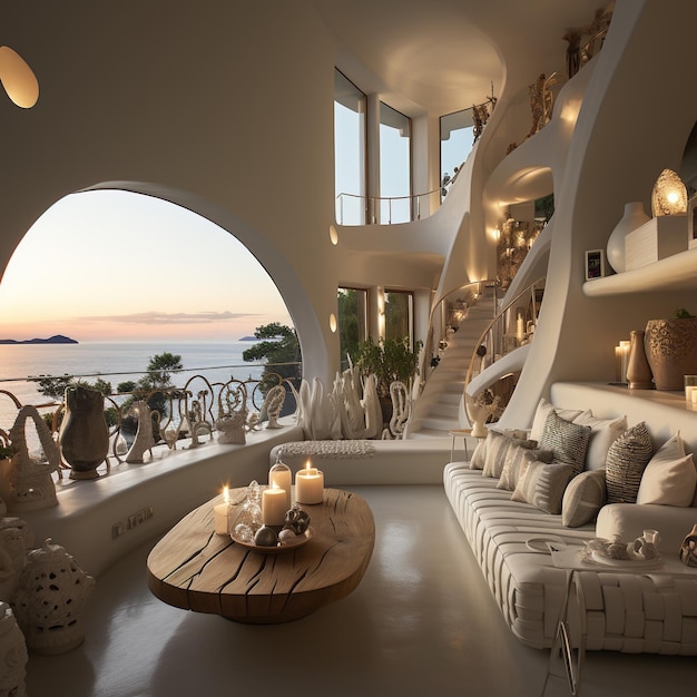 Interni di villa di lusso moderna con splendida vista sul mare