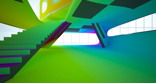 Interni dinamici astratti con oggetti lisci sfumati colorati Illustrazione 3D e rendering