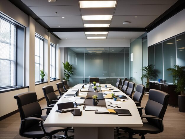 Interni disordinati della sala riunioni per riunioni di lavoro, presentazioni per team o formazione