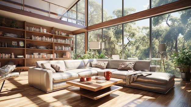 Interni domestici moderni con comodo divano e sfondo della finestra
