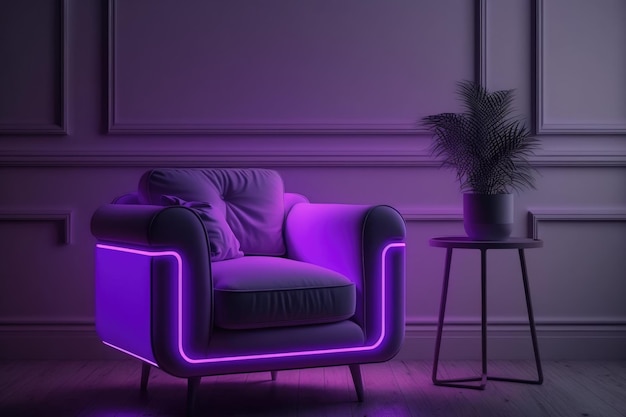 Interni eleganti con illuminazione al neon viola e poltrona luminosa