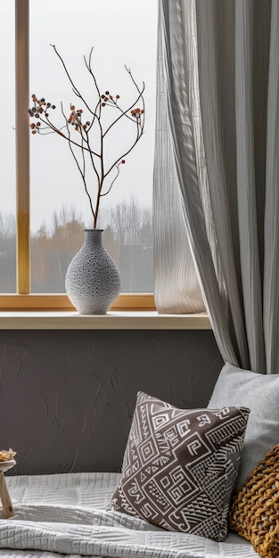 Interni eleganti con vista finestra con luce naturale e decorazione boho