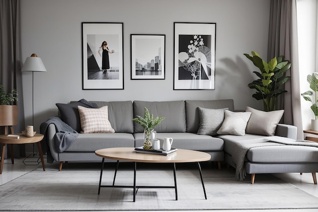 Interni eleganti del soggiorno con comodo divano grigio e bellissime foto