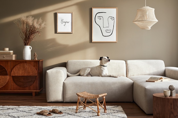 Interni eleganti del soggiorno con divano modulare di design, mobili, tavolino da caffè, decorazioni, fiori secchi e accessori eleganti nell'arredamento della casa moderna. Bel cane sdraiato sul divano.