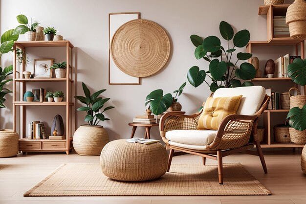 Interni eleganti del soggiorno con poltrona in rattan libreria in legno piante pouf cornice decorazione tappeto e accessori eleganti nell'arredamento della casa