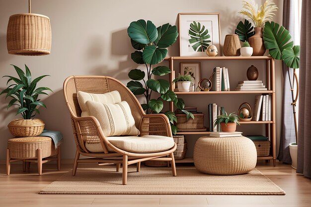 Interni eleganti del soggiorno con poltrona in rattan libreria in legno piante pouf cornice decorazione tappeto e accessori eleganti nell'arredamento della casa