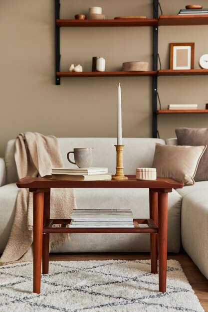 Interni eleganti del soggiorno con tavolino da caffè in legno di design, divano beige, tazza di caffè, libro, decorazione e accessori eleganti in un arredamento elegante.