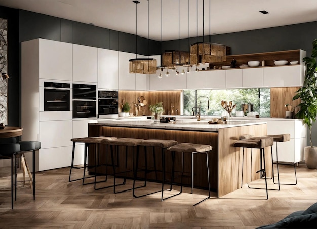 Interni eleganti della casa cucina bianca stanza con mobili di design servito scaffali da tavolo e accessori personali eleganti decorazione domestica moderna neutra concetto di stile del designer Copia spazio di testo dell'annuncio