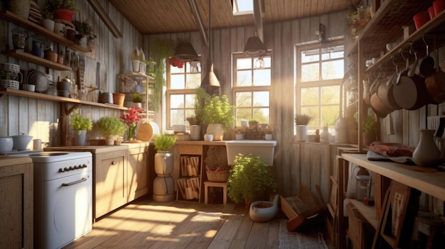 Interni eleganti della cucina con la luce del mattino nella finestra IA generativa