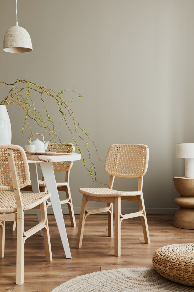 Foto interni eleganti della sala da pranzo di una casa accogliente con copia spazio, sedie di design, tavolo familiare, teiera, tazze, decorazioni ed eleganti accessori personali in un arredamento moderno per la casa..