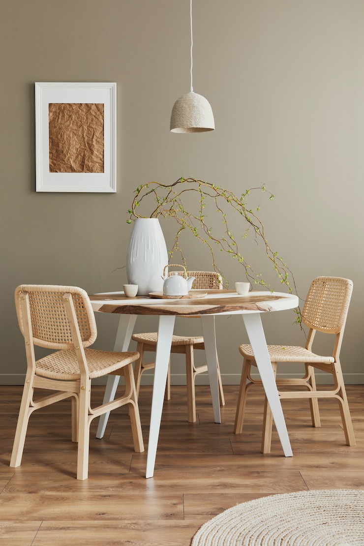Foto interni eleganti della sala da pranzo di una casa accogliente con cornice bianca, sedie di design, tavolo familiare, teiera, tazze, decorazioni ed eleganti accessori personali in un arredamento moderno per la casa..