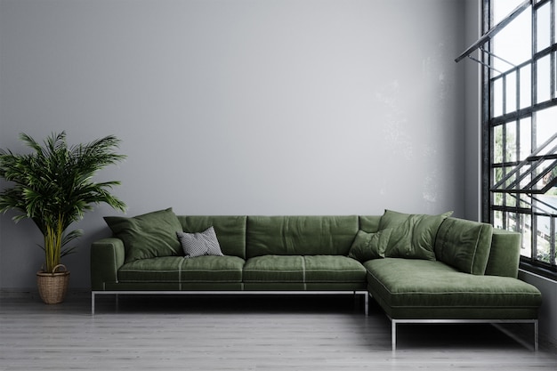 Interni eleganti di luminoso soggiorno con divano verde e pianta. Salone interno mockup. Camera dal design moderno con luce naturale. Rendering Loft.3d