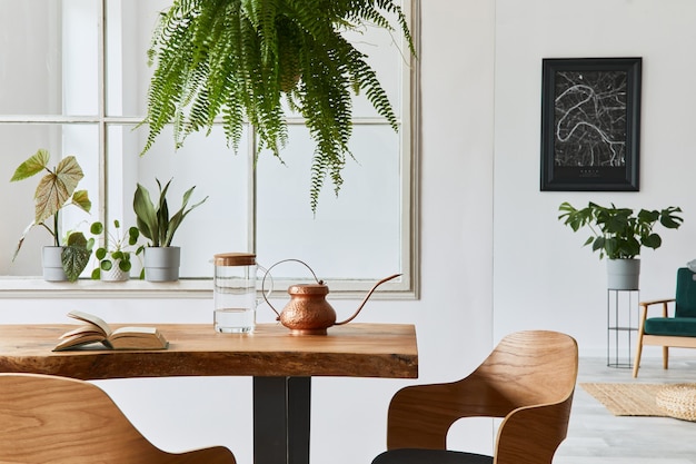 Interni eleganti e accoglienti della sala da pranzo con tavolo in legno di design artigianale, sedie, piante, divano in velluto, mappa poster e accessori eleganti in un arredamento moderno. Modello.
