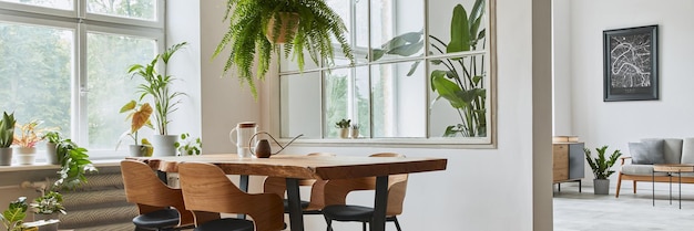 Interni eleganti e botanici della sala da pranzo con tavolo in legno artigianale di design, sedie, mobili, un sacco di piante, finestra, mappa poster e accessori eleganti in un arredamento moderno per la casa. Modello.