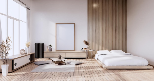 Interni eleganti e minimalisti di una moderna camera in legno con un letto confortevole. Rendering 3D