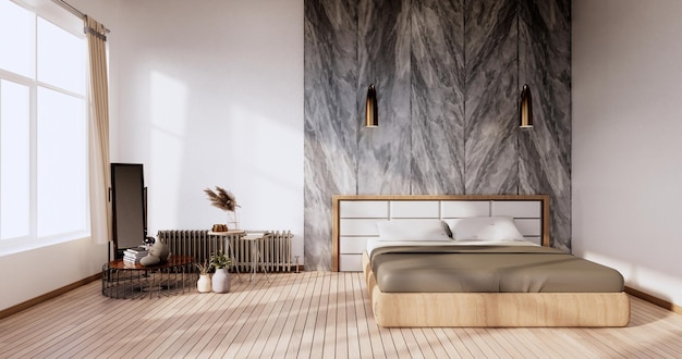 Interni eleganti e minimalisti di una moderna camera in legno con un letto confortevole. Rendering 3D