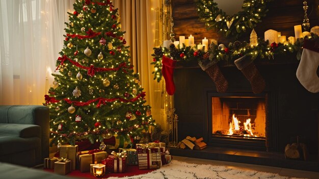 Interni festivi con albero di Natale decorato e camino Generativo Ai
