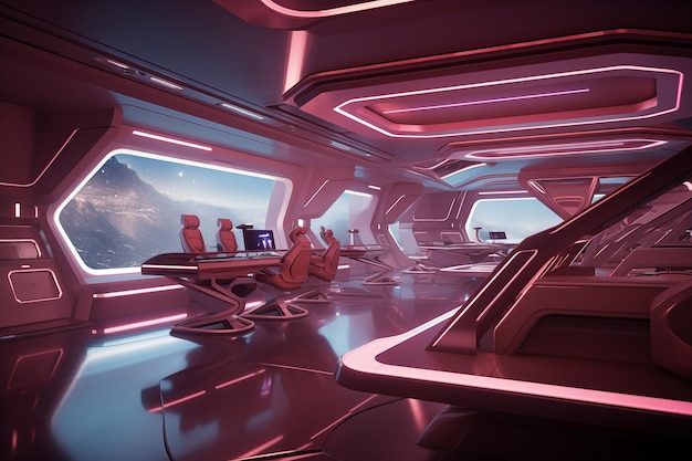 Interni futuristici minimalisti di navi spaziali IA generativa