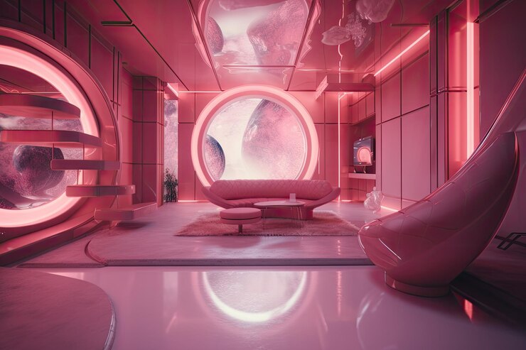 Interni futuristici rosa con mobili galleggianti e proiezioni olografiche