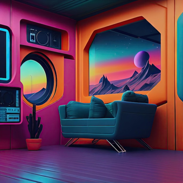 Interni futuristici Scifi con divano multicolore e tv a parete creati con intelligenza artificiale generativa