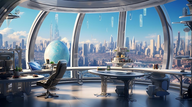 Interni futuristici Ufficio e bellissima scena paesaggio cittadino vista generativa ai