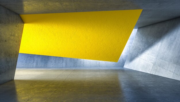 Interni in cemento astratto con elemento giallo. rendering 3d