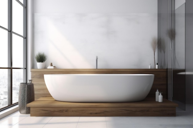 Interni in legno bianco casa al coperto architettura bagno moderno vasca da bagno di lusso IA generativa