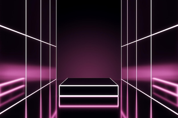 Interni in neon futuristico viola con piedistallo di scale e modello di luogo per la vostra pubblicità 3D Rendering