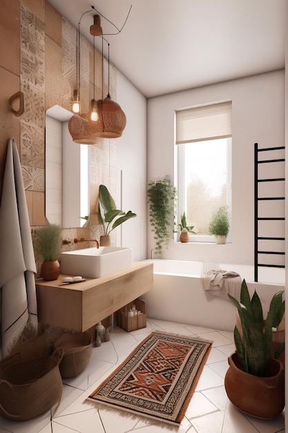 Interni in stile boho del bagno di una casa Contenuti AI generativi