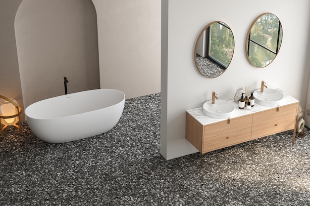 Interni luminosi del bagno con doppio lavabo e piante da bagno con pavimento in terrazzo a specchio Accessori per il bagno e rendering 3D di mobili moderni