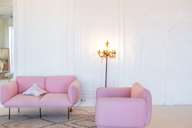 Interni luminosi delicati e accoglienti del soggiorno con mobili moderni ed eleganti di colore rosa pastello e pareti bianche con modanature in stucco alla luce del giorno