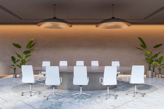 Interni luminosi e moderni della sala riunioni con mobili Concetto di sala riunioni 3D Rendering