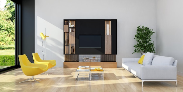 Interni luminosi e moderni di lusso di grandi dimensioni Illustrazione del soggiorno Immagine generata digitalmente dal computer di rendering 3D