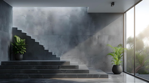 Interni minimalisti con scale, pareti in cemento e luce naturale, design architettonico elegante per case contemporanee, aspetto sereno e spazioso