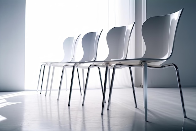 Interni minimalisti con una fila di sedie bianche vicino a una finestra IA generativa