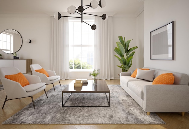 Interni minimalisti del rendering 3D del soggiorno moderno