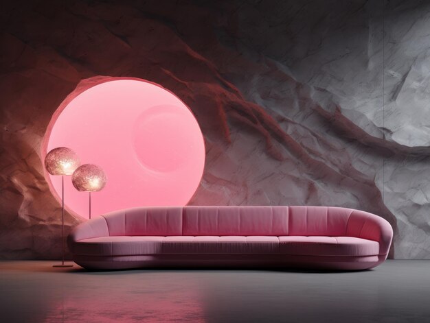 Interni minimalisti futuristici in grotta con divano rosa chiaro e decorazioni generate