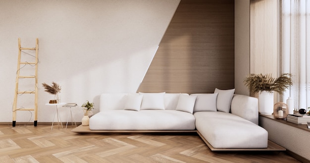 Interni minimalisti, mobili e piante per divani, design moderno della stanza. Rendering 3D