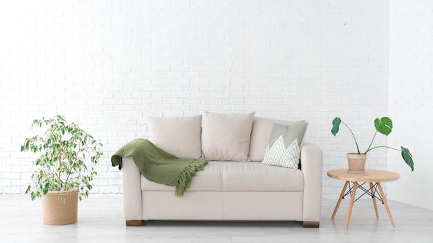 Interni moderni con divano e piante, luce naturale dai colori neutri
