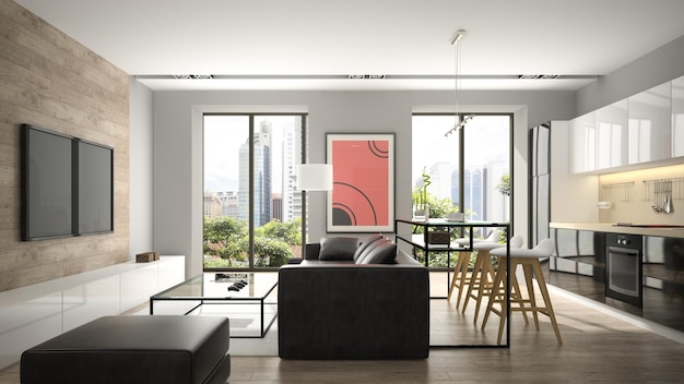 Interni moderni con pavimento in parquet e divano nero rendering 3D