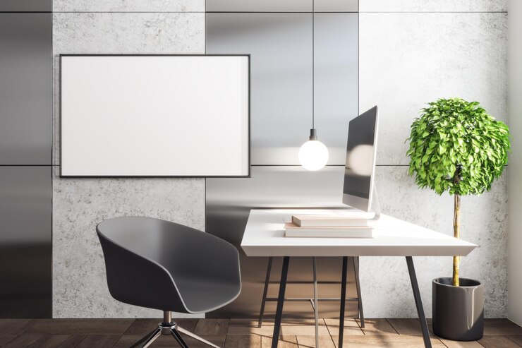 Foto interni moderni con posto di lavoro di designer e banner vuoto sulla parete mock up 3d rendering