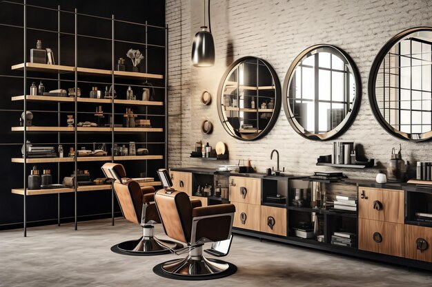 Interni moderni da barbiere con sedia a specchio e altre attrezzature vicino alle finestre Sedie in barbiere