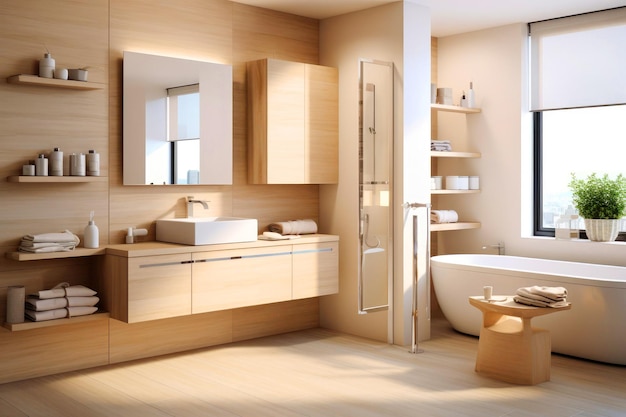 Interni moderni del bagno beige con mobili in legno, vasca da bagno, lavandino e finestra